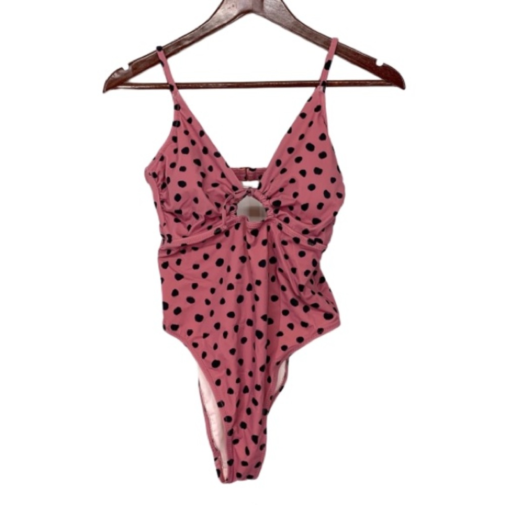 Shade & Shore Black Polka Dot Dusty Mauve One Piece Swimsuit Thigh High Keyhole